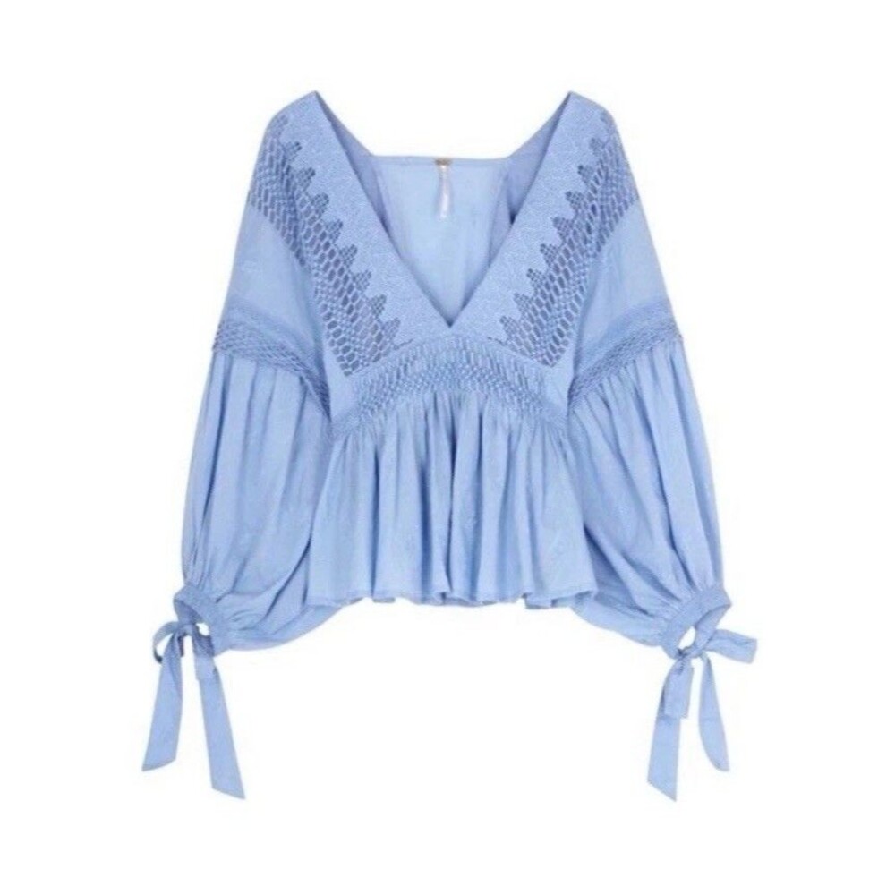 Free People 'Drive You Mad’ Blue Top Peplum For Puff Sleeve Size L - Picture 4 of 10